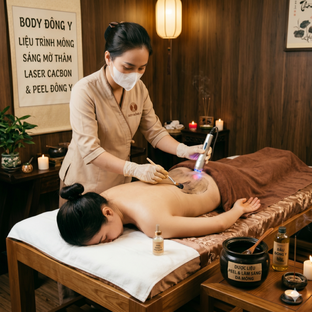 Body Đông Y: Liệu trình mông sáng mờ thâm Laser Cacbon & Peel mông