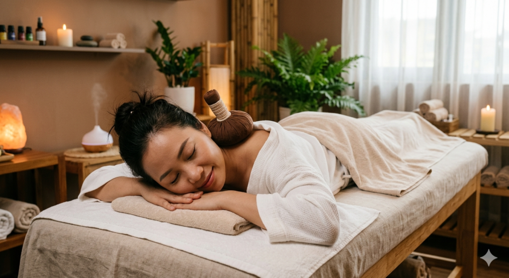 khách hàng thư giãn với túi chườm thảo dược trên vùng vai gáy