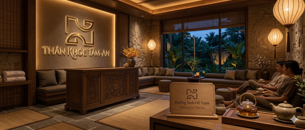 Không gian ấm cúng, sang trọng và logo của Dưỡng Sinh Hồ Tràm