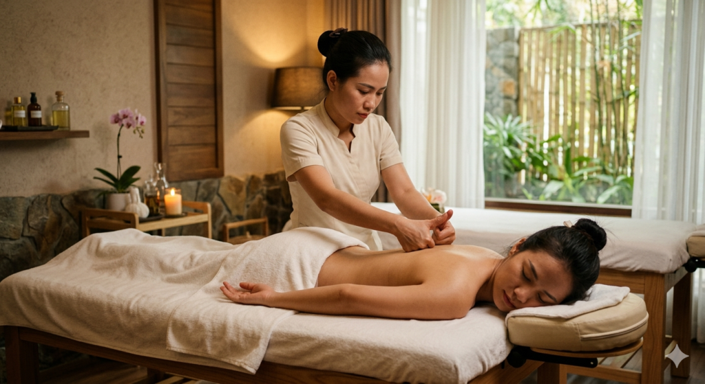 Kỹ thuật viên đang thực hiện ấn huyệt lưng cho khách hàng trong không gian spa tĩnh lặng